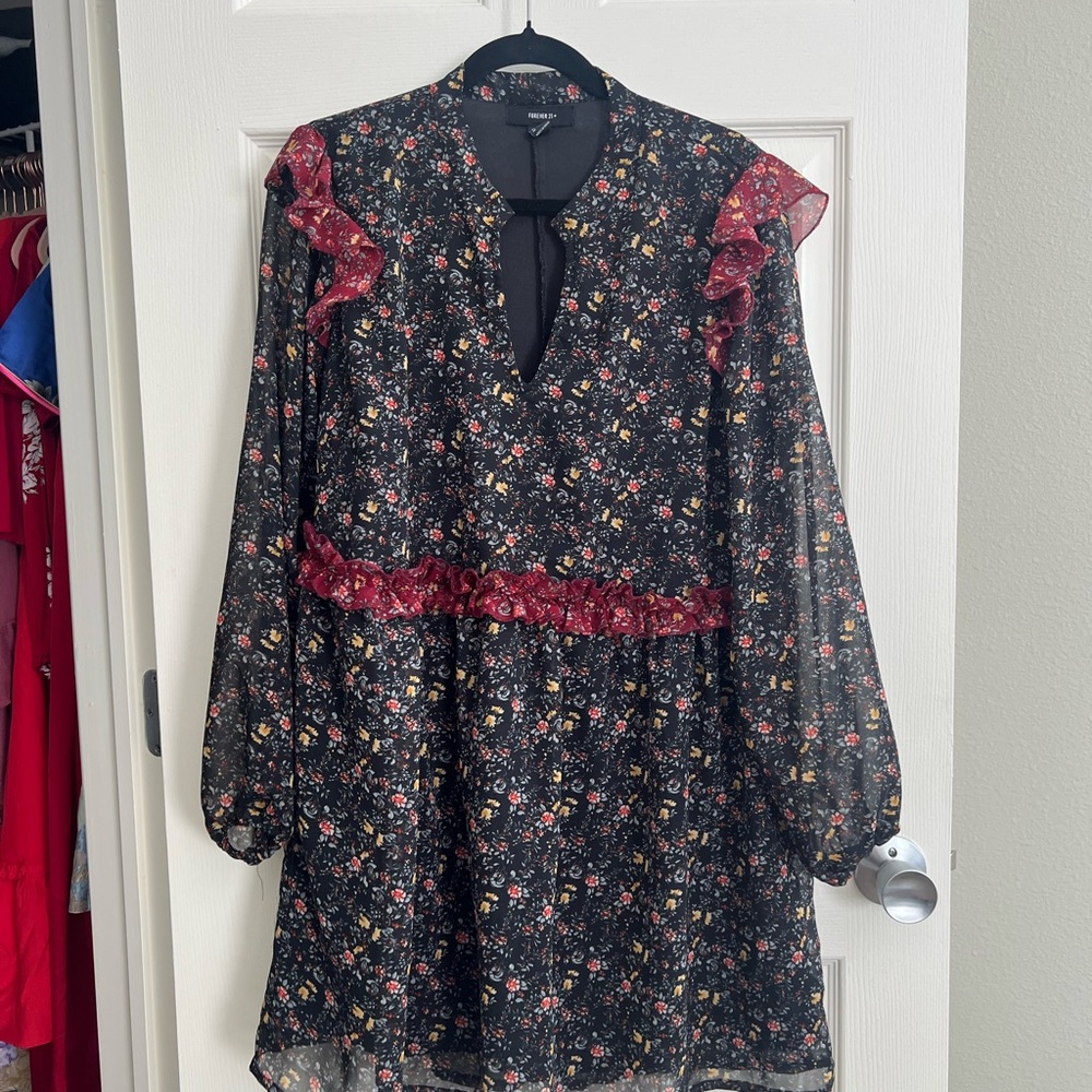 Forever 21 Black Floral Dress with Red and Yellow Accents